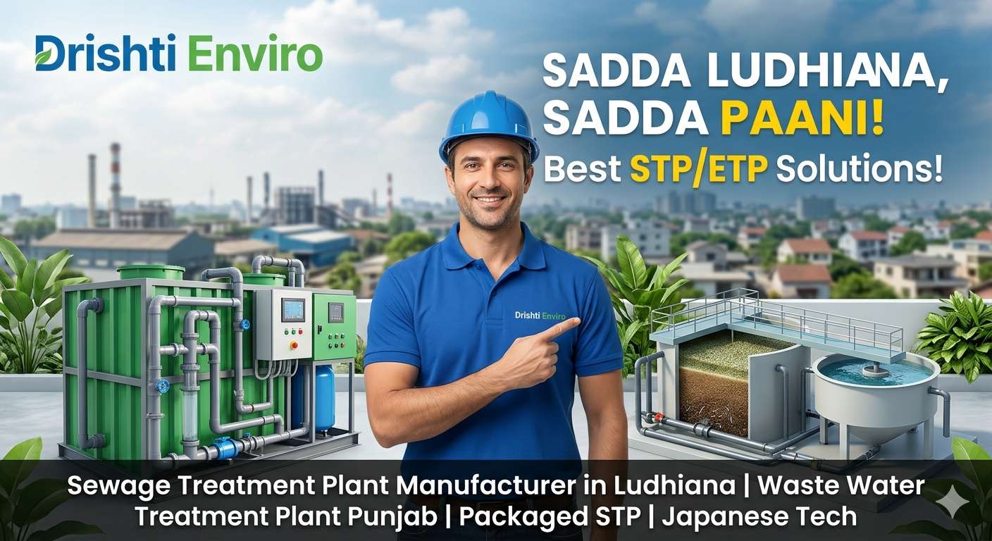 A Drishti Enviro engineer points to a modular packaged STP (Sewage Treatment Plant) and an open treatment tank. The Ludhiana skyline is in the background. Overhead text reads 'Drishti Enviro' and 'SADDA LUDHIANA, SADDA PAANI! Best STP/ETP Solutions!'. A banner below includes keywords like 'Sewage Treatment Plant Manufacturer in Ludhiana