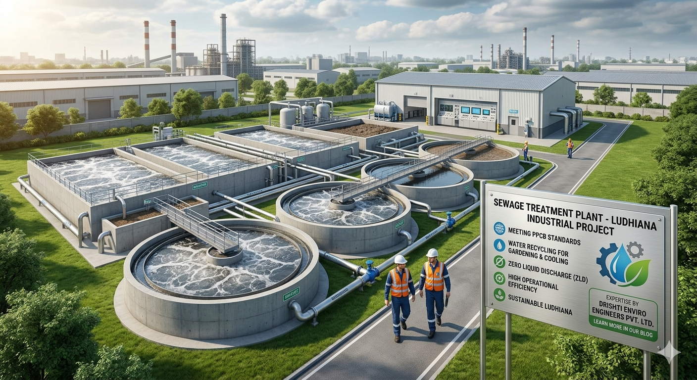 Modern industrial sewage treatment plant installed by Drishti Enviro Engineers in Ludhiana, Punjab.