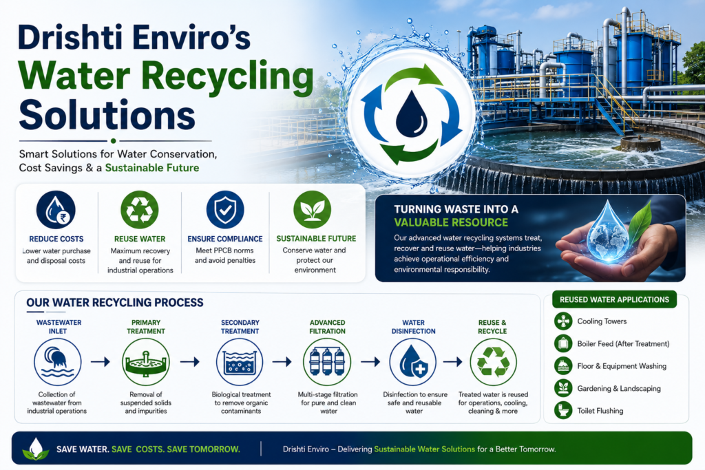 Drishti Enviro water recycling solutions showing industrial wastewater treatment, water reuse process, PPCB compliance, cost savings, and sustainable water management for industries in Ludhiana and Punjab.