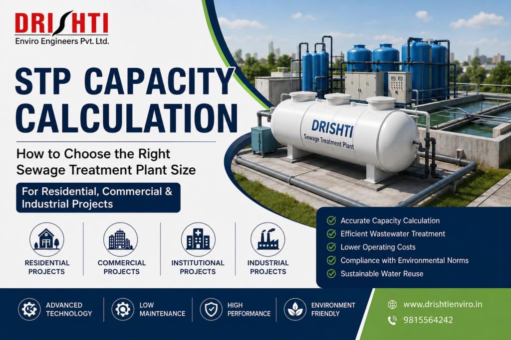 STP capacity calculation guide showing sewage treatment plant sizing for residential, commercial, institutional and industrial projects