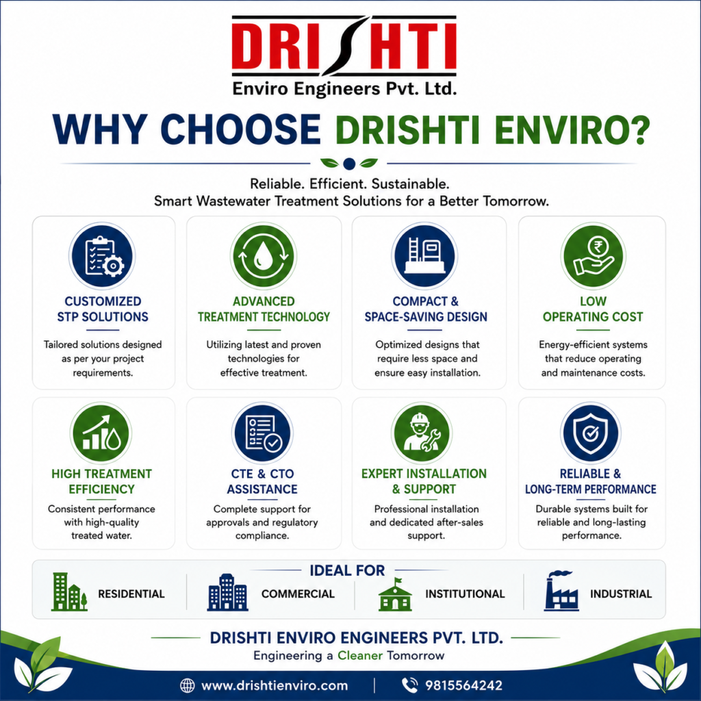 Why Choose Drishti Enviro Engineers Pvt. Ltd. infographic showcasing customized STP solutions, advanced technology, compact design, low operating cost, and expert support