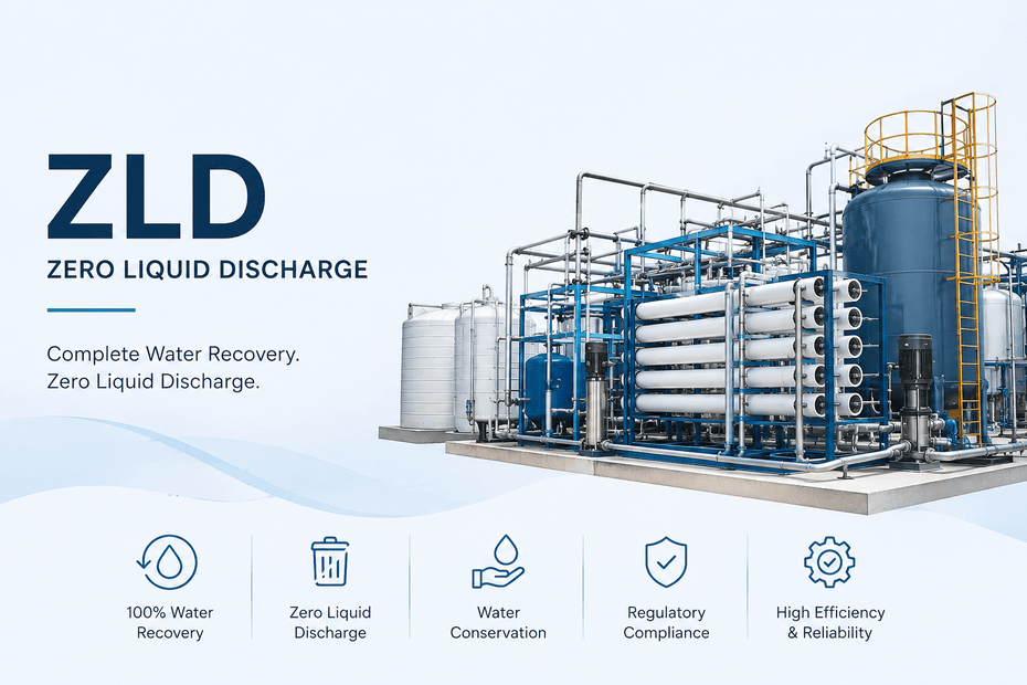 Zero Liquid Discharge (ZLD) system for industrial wastewater treatment with complete water recovery and recycling technology.
