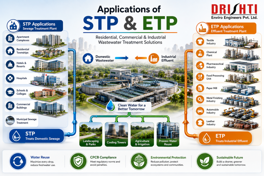 Infographic showing the applications of STP (Sewage Treatment Plant) and ETP (Effluent Treatment Plant) across residential, commercial, municipal, and industrial sectors, including apartments, hospitals, hotels, textile industries, chemical plants, pharmaceutical units, food processing, paper mills, automobile manufacturing, and water reuse solutions by Drishti Enviro Engineers Pvt. Ltd.