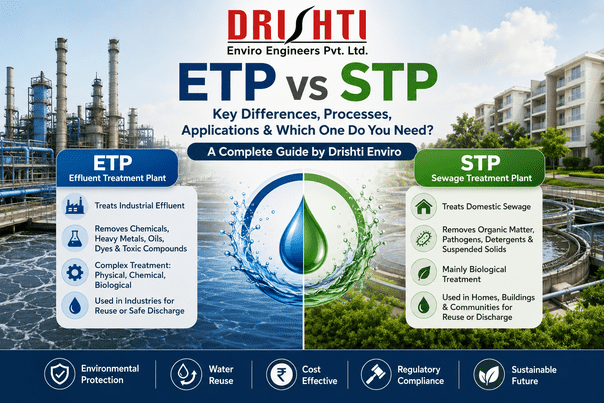 ETP vs STP comparison infographic showing the difference between Effluent Treatment Plant and Sewage Treatment Plant, including treatment processes, applications, pollutants, and wastewater reuse by Drishti Enviro Engineers Pvt. Ltd.