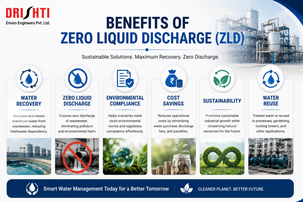 Benefits of Zero Liquid Discharge (ZLD) including water recovery, zero liquid discharge, environmental compliance, cost savings, sustainability, and water reuse