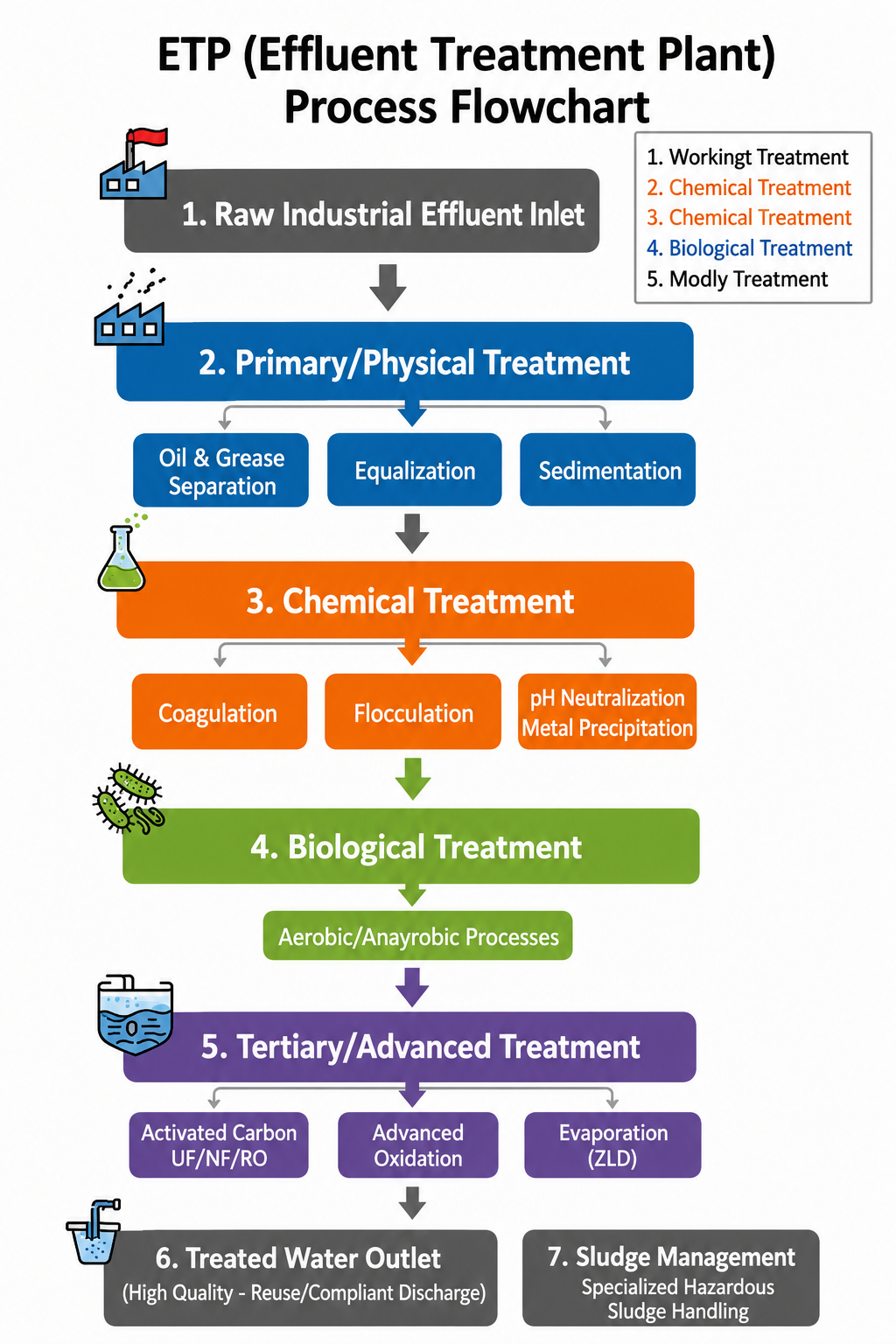 ETP Process Flowchart 2026 - Detailed working process of Effluent Treatment Plant showing physical, chemical, biological, and advanced tertiary treatment for industrial wastewater