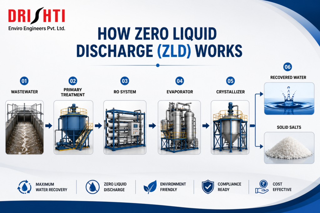 How Zero Liquid Discharge (ZLD) Works – Industrial wastewater treatment process flow diagram