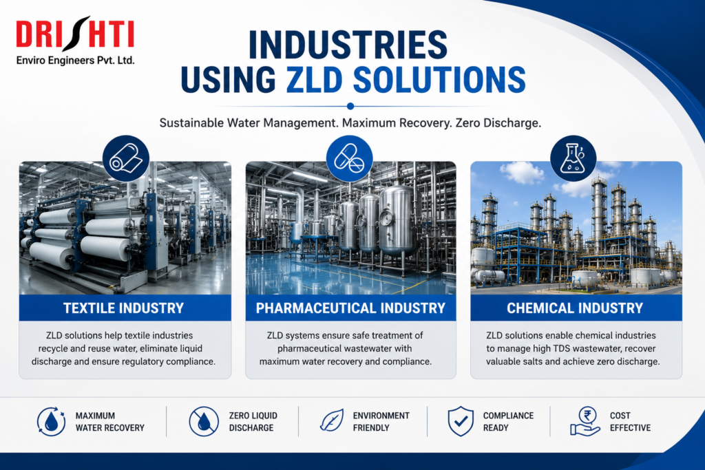 Industries using Zero Liquid Discharge (ZLD) Solutions including textile, pharmaceutical, and chemical industries