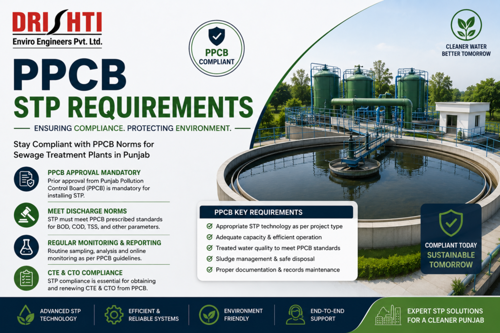 PPCB STP requirements for sewage treatment plants in Punjab showing compliance guidelines, CTE & CTO approvals, and wastewater treatment standards